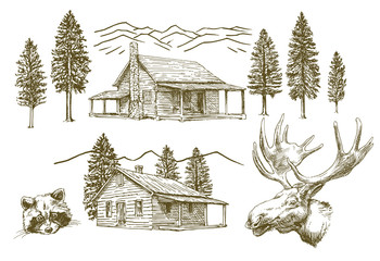 Hand drawn wooden cabin - 197344205