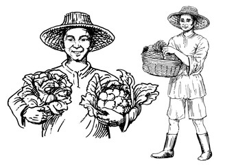 Asian man keep cauliflower, Asian man holding a basket of vegetables, hand drawn vector illustration.