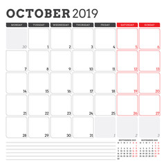 Calendar planner for October 2019. Week starts on Monday. Printable vector stationery design template