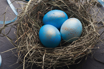 Fototapeta na wymiar Easter background. Colored eggs in nest on gray stone surface