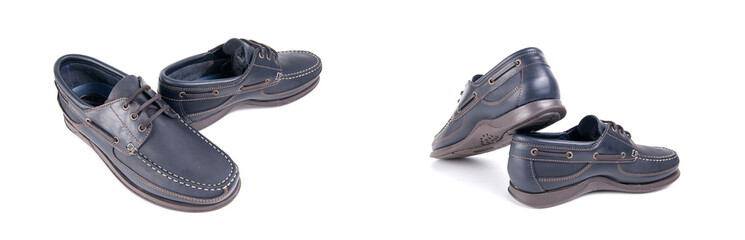 Group of shoes on white background, isolated product, comfortable footwear.