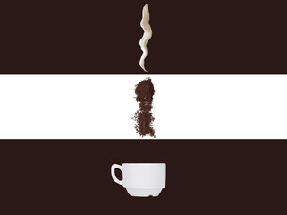 process of making of coffee in the schematic style. Coffee beans, ground coffee and stream of milk into a cup on a striped background