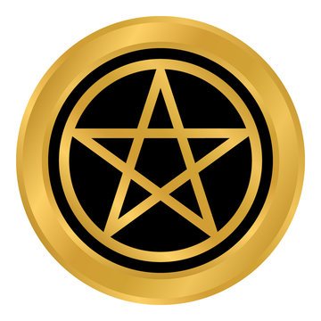 Pentagram button on white.