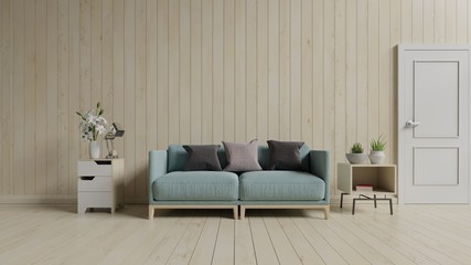 The modern interior of Living room and Soft Sofa on wooden wall ,3d rendering