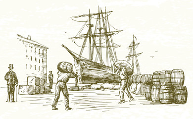 Obraz premium Vintage harbor. Hand drawn illustration.