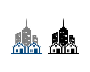 House on the City with Apartement Skycrapers on the Back Sign Symbol Icon Real Estate Logo Company Vector