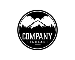 Black Mountain on the Forest with Cloud Sign Symbol Vintage Circle Logo Vector