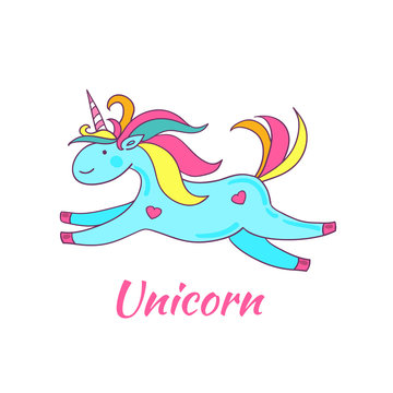 Cute greeting card with cartoon flying unicorn. Vector illustration.