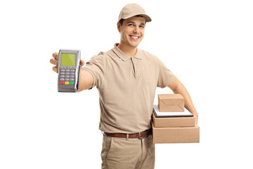 Delivery man holding a payment terminal and packages