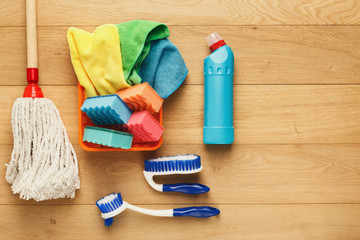 Various cleaning supplies, housekeeping background