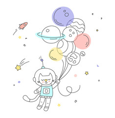 Nursery art: cute little hand-drawn cat fly to the space on the air balloons.