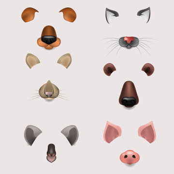 Vector realistic animals faces video chat, photo effects, selfie filters set.