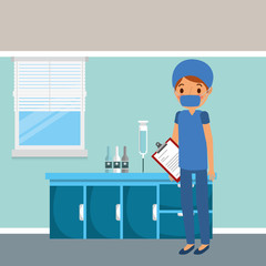 medical surgeon with uniform in room consultation medicine cabinet vector illustration