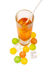 Alcoholic and non-alcoholic cocktail and other carbonated drinks with ice balls on a white background