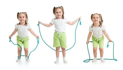 Set of kid girl jumping with rope isolated on white