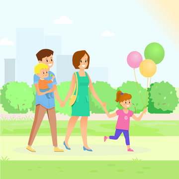 Happy family walking in the park. Father, mother, gaughter and son.Vector illustration