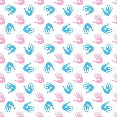 Baby palm print seamless pattern.Seamless pattern included in swatch panel.Pink and blue colors.Vector backgrounds.