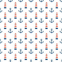 Sea seamless pattern.Red, blue and white colors.Seamless pattern included in swatch panel.Design for fabric, web background, wallpaper, cards, prints of baby goods.Vector background.