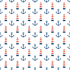 Obraz premium Sea seamless pattern.Red, blue and white colors.Seamless pattern included in swatch panel.Design for fabric, web background, wallpaper, cards, prints of baby goods.Vector background.