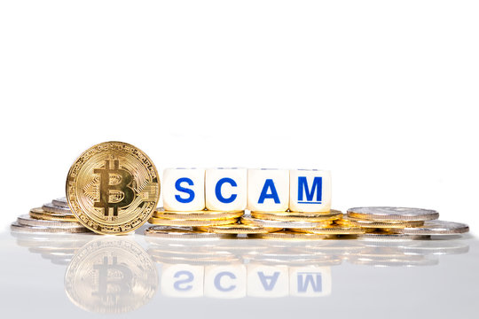 Conceptual cryptocurrency bitcoin with the word Scam