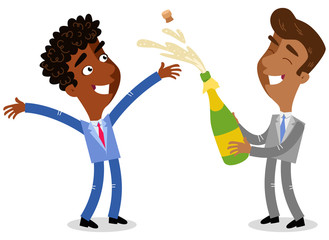 Vector illustration of two celebrating cartoon businessmen opening champagne bottle isolated on white background