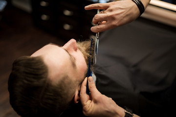 Customer having beard trimmed by barber