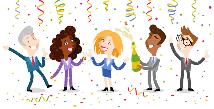 Vector illustration of group of happy cartoon business people celebrating and drinking champagne with festoons and confetti isolated on white background
