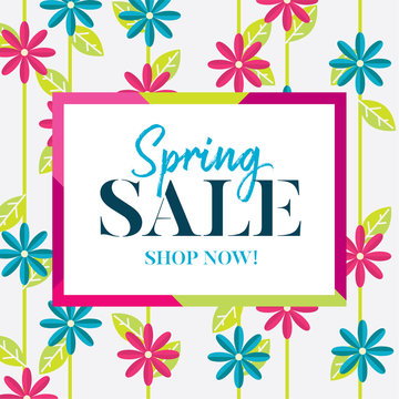 Spring sale graphic with pink and blue flowers and stylish grey background