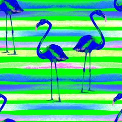 Naklejka premium Watercolor Stripes Seamless Pattern with Flamingo.