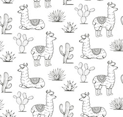 Pattern of lamas and mexican plants. Vector illustration.