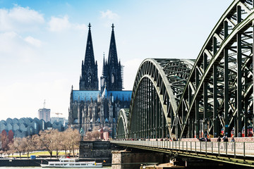 COLOGNE, GERMANY- March 14, 2018 : View on Cologne Cathedral and river Rhine, Germany