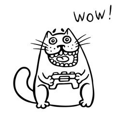 Video gamer cat plays on the console. Isolated vector illustration.