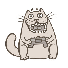 Cat plays in cool video games. Vector Illustration.