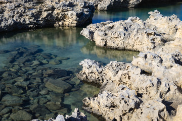 Coast landscape of Gozo Island. The Maltese archipelago limestone coastline, Dwejra Bay