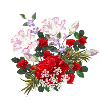 Bouquet of red roses. Decor elements for greeting cards, wedding invitations, birthday and other celebrations. Isolated on white background.