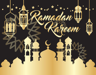 beautiful ramadan kareem background with gold color on black background