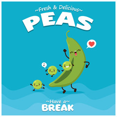 Vintage vegetable poster design with vector pea characters.