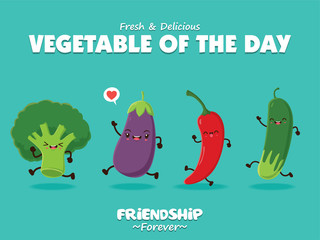 Vintage vegetable poster design with vector broccoli, egg plant, chili, pea characters.