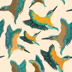 Kingfishers seamless pattern. Vector illustration of the birds on light yellow background