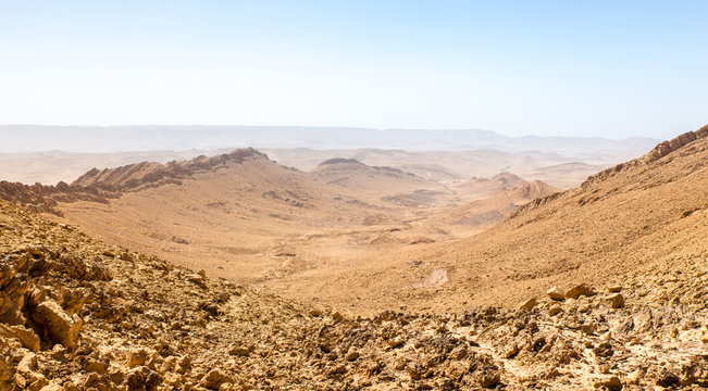 Desert crater mountain ridge cliffs landscape view, Israel nature.
