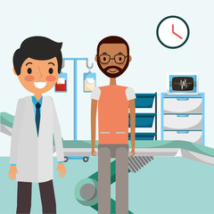 doctor male with male patient sitting on stretcher in consultation room  vector illustration