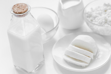 proteic breakfast concept with dairy products on table