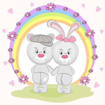 Best freands cute animal bear and hare in cartoon style.