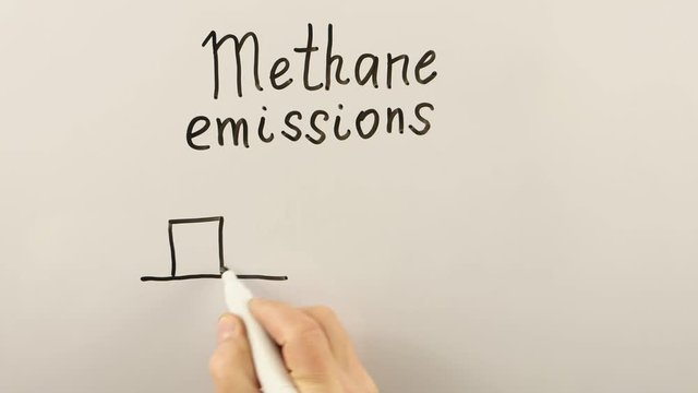 Man  writes on the whiteboard the concept of methane emissions and global warming, scheme