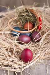 Colorful eastern eggs. Copy space. Selective focus