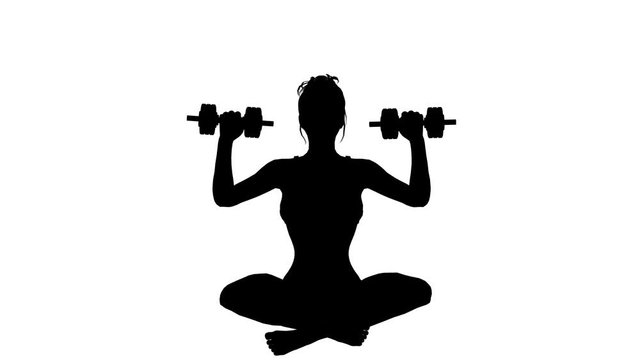 Black silhouette of a girl with dumbbells. Alpha channel. Alpha matte. Full HD.