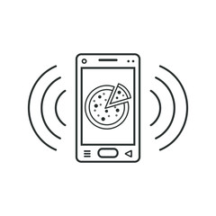 Black and white line art icon of a ringing smartphone with pizza