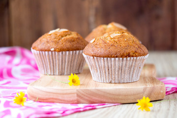 Homemade banana cupcake on wood tray white background, sweet secne for party