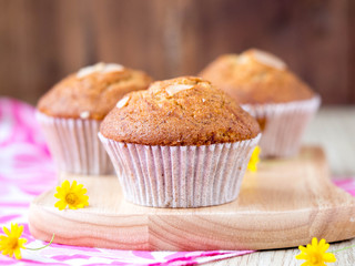 Homemade banana cupcake on wood tray white background, sweet secne for party