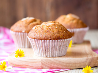 Homemade banana cupcake on wood tray white background, sweet secne for party